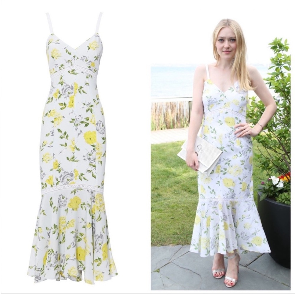 Cinq à Sept 100% Silk Jolene Sunglow MIDI Dress Yellow Floral Lace